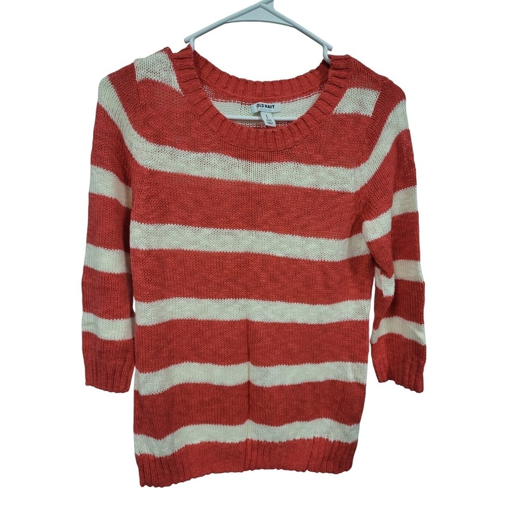 Classic Old Navy Womens Small Petite Striped Knit Sweater 3/4 Sleeve Scoop Neck